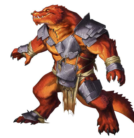 An illustration of a kobold wearing metal armor, with red scaley skin