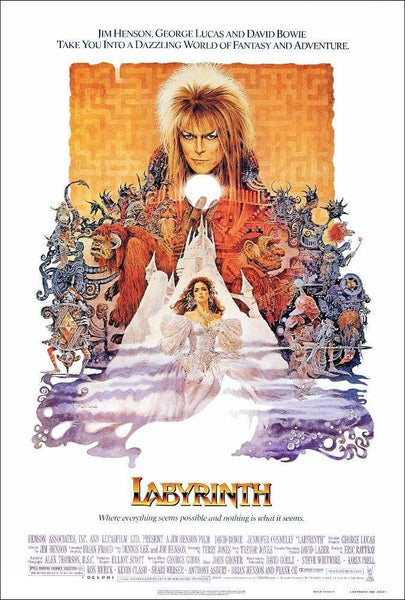 An image of a movie poster for the movie Labyrinth. It depicts Jareth, the Goblin King, looking down over Sarah, who is wearing a white ballgown. He is surrounded by puppet-looking goblins