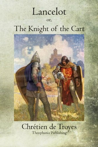 A cover for The Knight of the Cart. The cover is a watercolor spread of green and white, with an illustration of two knights facing each other in the middle
