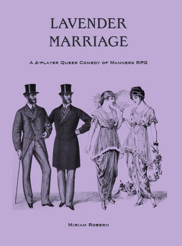 The cover of Lavender Marriage, a ttrpg. It shows an edwardian etched illustration of two men and two women standing next to each other on a purple background