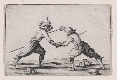 An image of an engraving of two men dueling with swords