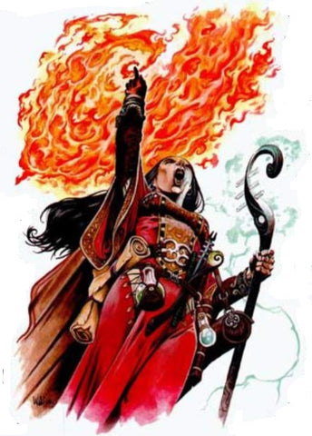 An illustration from the DnD Epic Level Handbook. It shows a woman in leather and red cloth armor, holding a staff in one hand and the other upwards in the air. Around her raised hand is a great deal of flames, as if she is summoning them. 