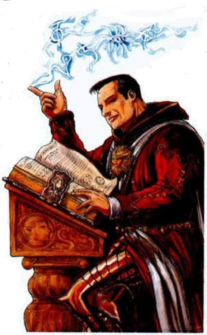 An illustration from the DnD Epic Level Handbook. It depicts a man in red robes, with short black hair standing at a podium with a book open on it. Blue mists emerge from his hand, which is raised in the air. 