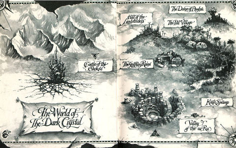 A map of The World of The Dark Crystal. It appears to be a black and white map with several large locations emphasized. 