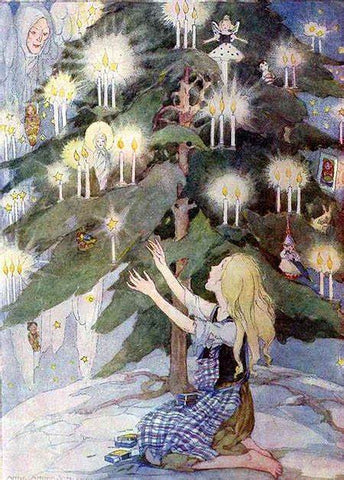 An illustration from a publication of The Little Matchstick Girl. It depicts a little girl with long blonde hair, in a ragged dress, reaching up to an illusory Christmas tree that is decorated with candles and ornaments. 