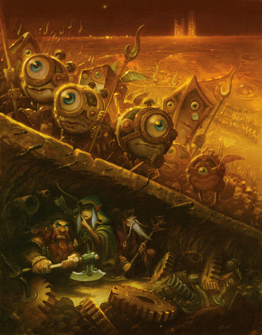 An illustration from Dungeons and Dragons. It appears to be a group of fantasy adventurers huddled underneath a ramp, atop which a large number of mechanical dice, wielding spears, descend. The colors are primarily rusted orange, brown, and gold