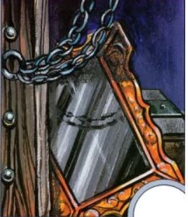 An illustration from AD&D of a Mirror of Mental Prowess. It looks like a small hanging mirror, vaguely grey or silver, with a copper frame