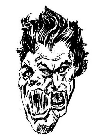 A black and white line illustration of two faces merging on the same head - both with monster fangs and dark ahir