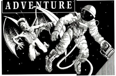 An illustration from the article "The Right Monster for the Right Adventure", showing a gargoyle like monster chasing after an astronaut in space