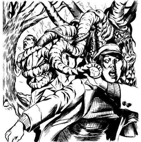 An illustration from the article "The Right Monster for the Right Adventure", showing a tentacled monster chasing a woman in a blazer