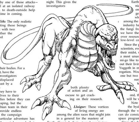An illustration from the article "The Right Monster for the Right Adventure", showing a reptilian monster with a humanoid face in front of the article's text