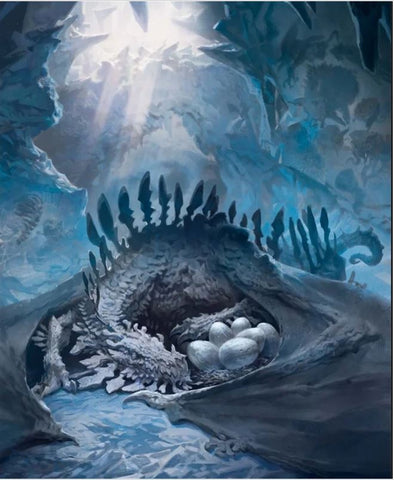 An illustration of a lunar dragon curled up in an icy cave. It has grey and white coloring, with spines down it's back, being illuminated by a light from overhead