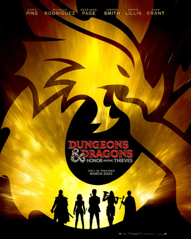 The movie poster for the English release of the Dungeons and Dragons Honor Among Thieves movie. It shows a large draconic ampersand with yellow flames inside of it, with the silhouettes of several fantasy adventurers in front of it, and the title of the movie within the negative space. 