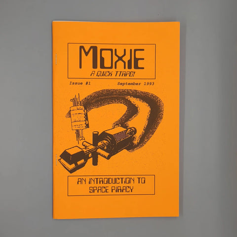 A photo of the cover of Moxie. It is a bright orange cover with black and white lettering and an illustration of a spaceship next to a space station