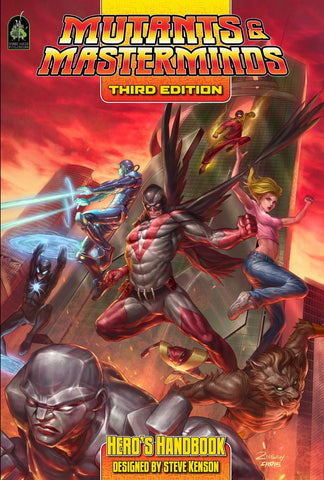 A photo of the cover of the Mutants and Masterminds Player's Handbook, feature several costumed superheroes leaping dramatically against a red background