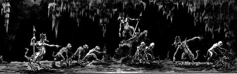 Art from Nine Hells Revisited. It shows a black an white illustration of several devils being forced to mine in a mountain