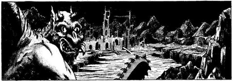 Art from Nine Hells Revisited. it shows a devil turning to face the viewer against a mountainous and castle backdrop. he has small horns, tusks, and leathery wings. 