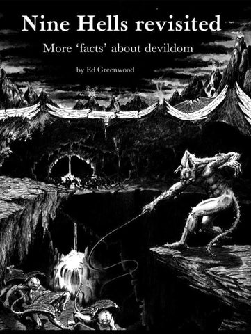 The cover illustration for the article "Nine Hells Revisited". It shows a devil lashing a whip at a lesser devil against a mountainous backdrop