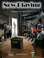 The cover of the Now Playing Roleplaying Game. It depicts a number of different people, as though from a variety of different television shows, gathered around an old television. 