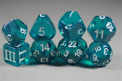 A photo of several odd-sided dice. They are teal and translucent against a grey background, with white numbering