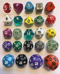 A photo of a number of gaming dice in various colors, each with an unusual number of sides, including a d3, d4, d5, d6, d7, d8, d9, d10, percentile, d11, d12, d13, d14, d15, d16, d17, d18, d19, d20, d22, d24, d26, d28, and d30