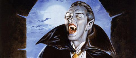 An illustration of a traditional looking vampire with white skin, black slick-backed hair, and a black cloak and fangs, stood in front of an arched stone window. 