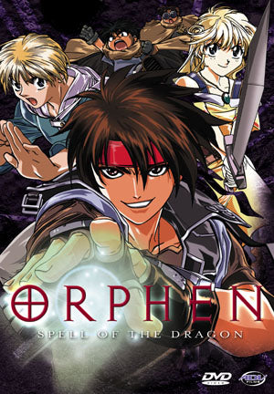 An illustration from the dvd cover for the anime Orphen. In the center is a brown haired man wearing armor, with a red headband, casting a spell toward the viewer. Behind him are two more figures in fantasy clothing, one holding a sword and one running forward. 