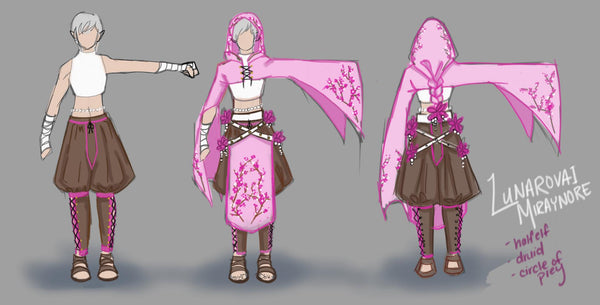 A drawing of fa pink, brown and white costume for a Dungeons and Dragons character. It includes brown pants, a pink hood and partial skirt, and a white shirt
