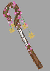 An illustration of a shepherd's crook wrapped in pink flowers
