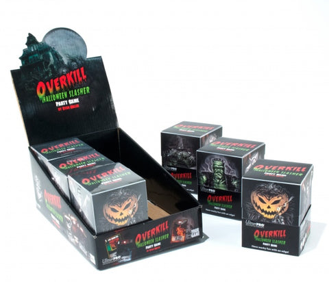 A photo of several boxes of the game Overkill in a shop display box. 