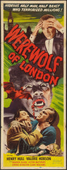 An image of a horror movie poster. It shows a comic book art style drawing of a werewolf and terrified people, with the words "Werewolf of London" in red in bold across the poster