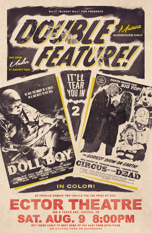 A photo of a horror movie poster. It shows the words "Double Feature", with two drawn movie posters for The Doll Boy and Circus of the Damned beneath the lettering