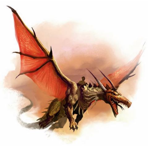 An illustration of a red dragon with its wings outstretched, flying against a sunset in the background. A shadowed figure of a humanoid is seated on the dragon's back