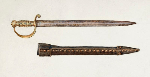An old drawing of a sword and scabbard - the sword has a curved golden hilt and a short blade, while the scabbard is leather with silver buttons up its length