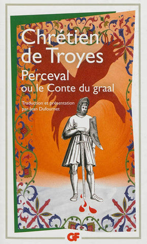 A cover for Le Conte du Graal. It shows a black and white drawing of a knight set against an orange background with the silhouette of a red bird. 