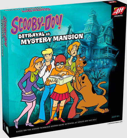 A photo of the box cover for Betrayal at Mystery Mansion. It shows the Scooby Gang in front of a blue background with a haunted mansion