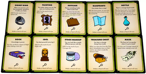 A photo of clue item cards from the Betrayal at Mystery Mansion board game