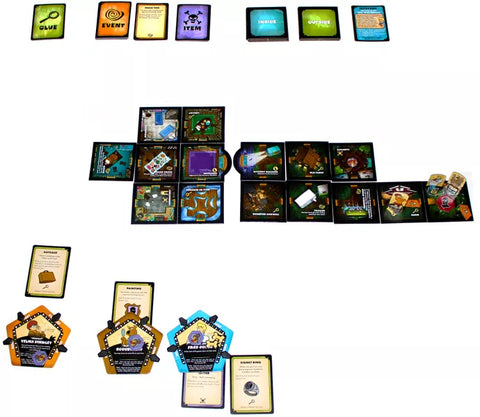 A photo of the Betrayal at Mystery Manor game peices laid out as though they are being played. The cards line the top of the image, the board made of tiles in the middle, and several character popouts with item cards are near the bottom