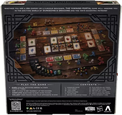 A photo of the back of The Yawning Portal Game box. It shows a photo of the board game laid out, with a list of the game components underdeath it, all on a dark wooden table