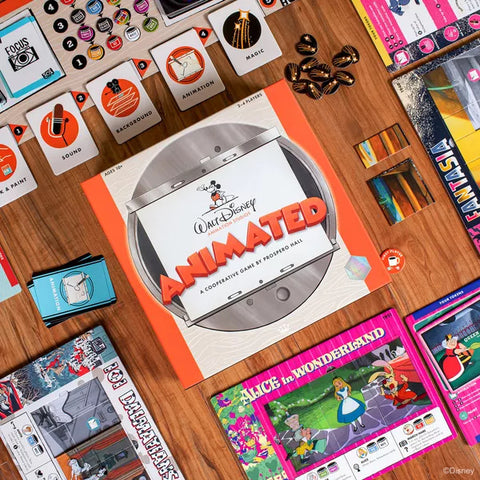A photo of the Animated game box surrounded by the game components