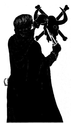 A black and white silhouette of a man in a cloak dripping something from a vial onto a dagger. The vial and the dagger have a skull behind them, with swords crossed behind it