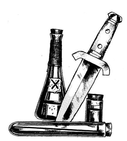 A black and white illustration of a flask of poison labeled with an 'X', a dagger, and two vials which looks like test tubes. 