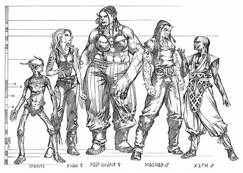 An illustration of five psionically inclined races: Dromites, Evans, Half-Giants, Maenads, and Xeph. All are in pencil, and height markings compare their relative heights. 