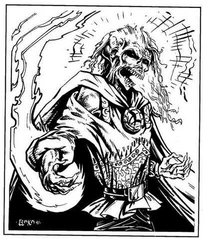A black and white illustration of a psionic lich. He looks like a skeleton or mummy, wearing degraded clothes and armor, and projecting some find of magical power from his outstretched hand