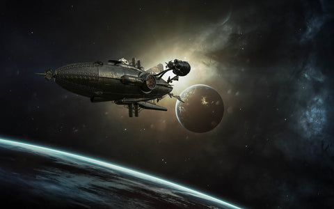 An illustration of a mechanical-looking space ship floating in a dark space landscape
