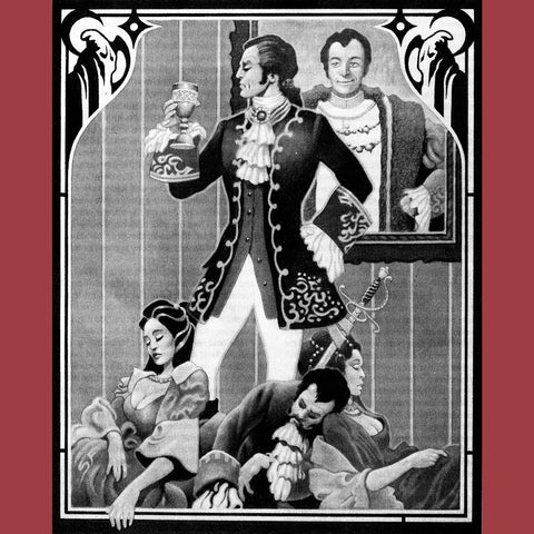 An illustration from AD&D Ravenloft - it shows a black and white illustration of a man in fancy clothes, making a smug face and standing on top of what seems to be a pile of bodies. Behind him is a portrait of himself