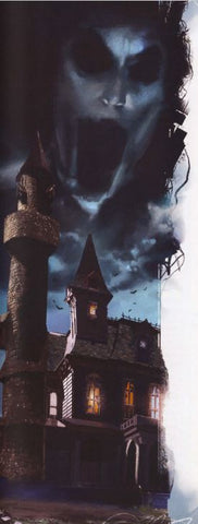 An illustration from Van Richten's Guide to Ravenloft. It shows a stone castle with lit windows in shadow, with the clouds above forming a screaming face, with blackened eye sockets and a gaping mouth