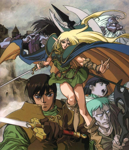 An illustration from promotional materials for the anime Record of Lodoss War. It shows a group of fantasy adventurers. In the middle is a blonde elf in green clothing, surrounded by various fighters and mages of differing species. 