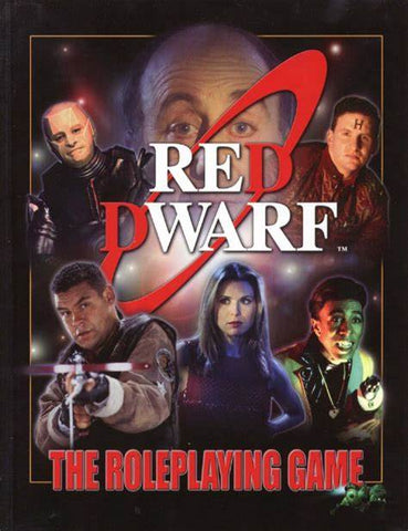 The cover of Red Dwarf the Roleplaying Game. It shows the cast of the television show against a black background with the show's logo in the middle of them