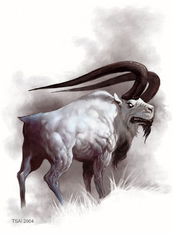 An illustration of a Rejkar. It looks like a menacing white caribou with dark black horns, eyes, and gums